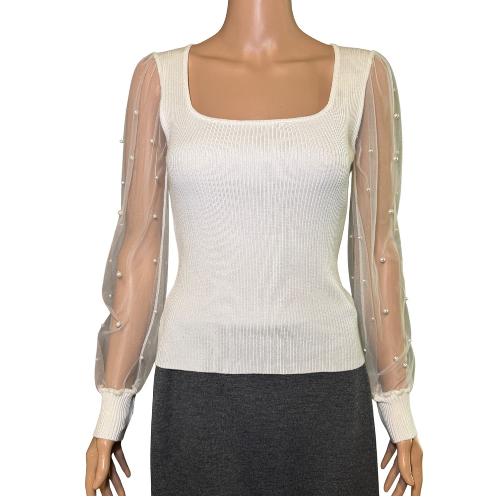 Almost Famous Womens White Ribbed Knit Square Neck Pearl Mesh Sleeve Top Small
